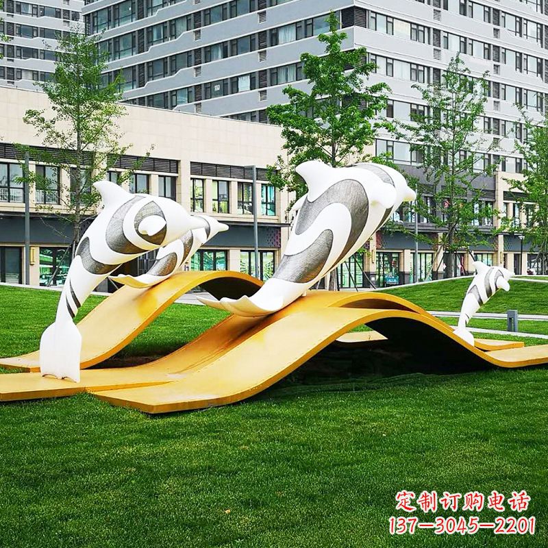 河源玻璃钢海豚景观雕塑-城市园林创意动物景观雕塑
