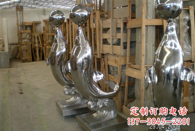 河源不锈钢抽象海豚顶球雕塑