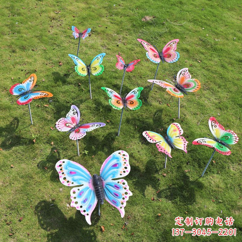 河源不锈钢仿真蝴蝶插件,草丛绿地动物摆件雕塑