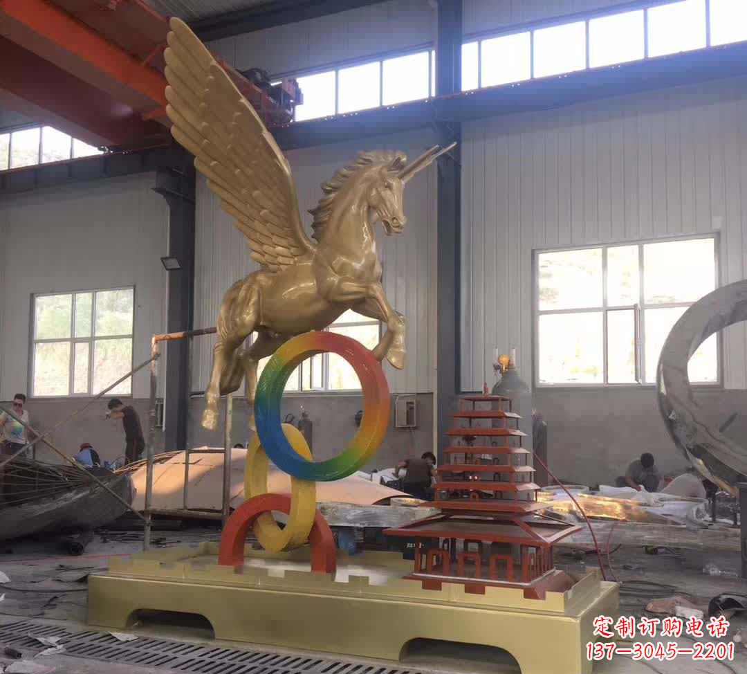 河源不锈钢飞马踩圆圈雕塑精美艺术之作