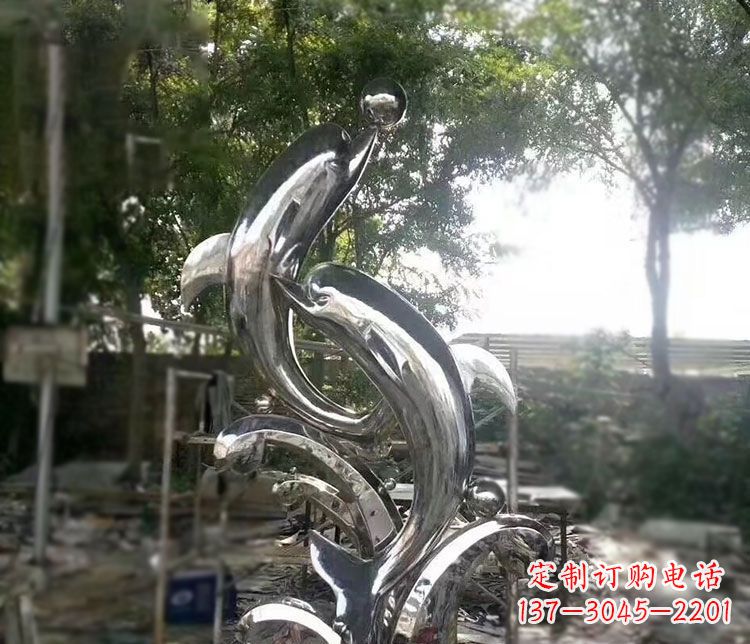 河源不锈钢海豚顶球雕塑