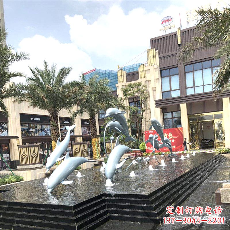 河源不锈钢海豚喷泉-城市企业街道睡觉景观雕塑