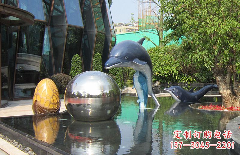 河源不锈钢海豚水景雕塑,企业公园园林创意景观雕塑