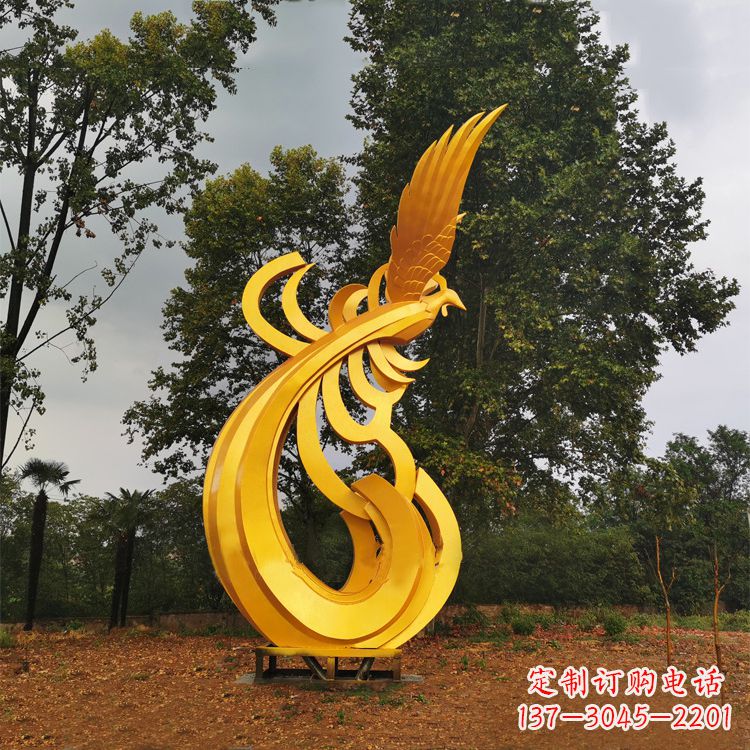 河源不锈钢漆金凤凰雕塑-黄金色园林动物景观雕塑