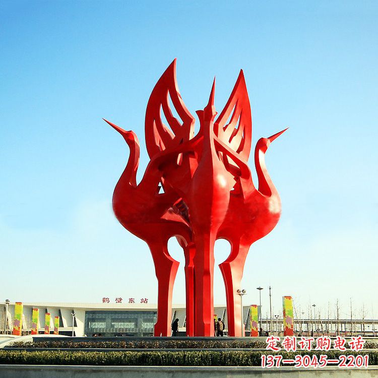 河源城市广场4只展翅欲飞的不锈钢仙鹤动物景观雕塑