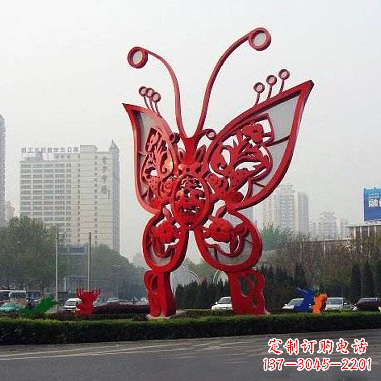 河源城市园林道路绿化带大型红色蝴蝶不锈钢雕塑景观