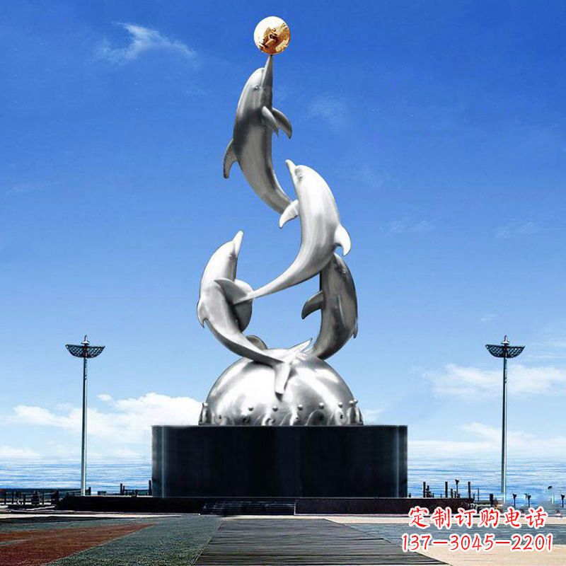 河源大型不锈钢海豚雕塑-学校文化动物景观雕塑