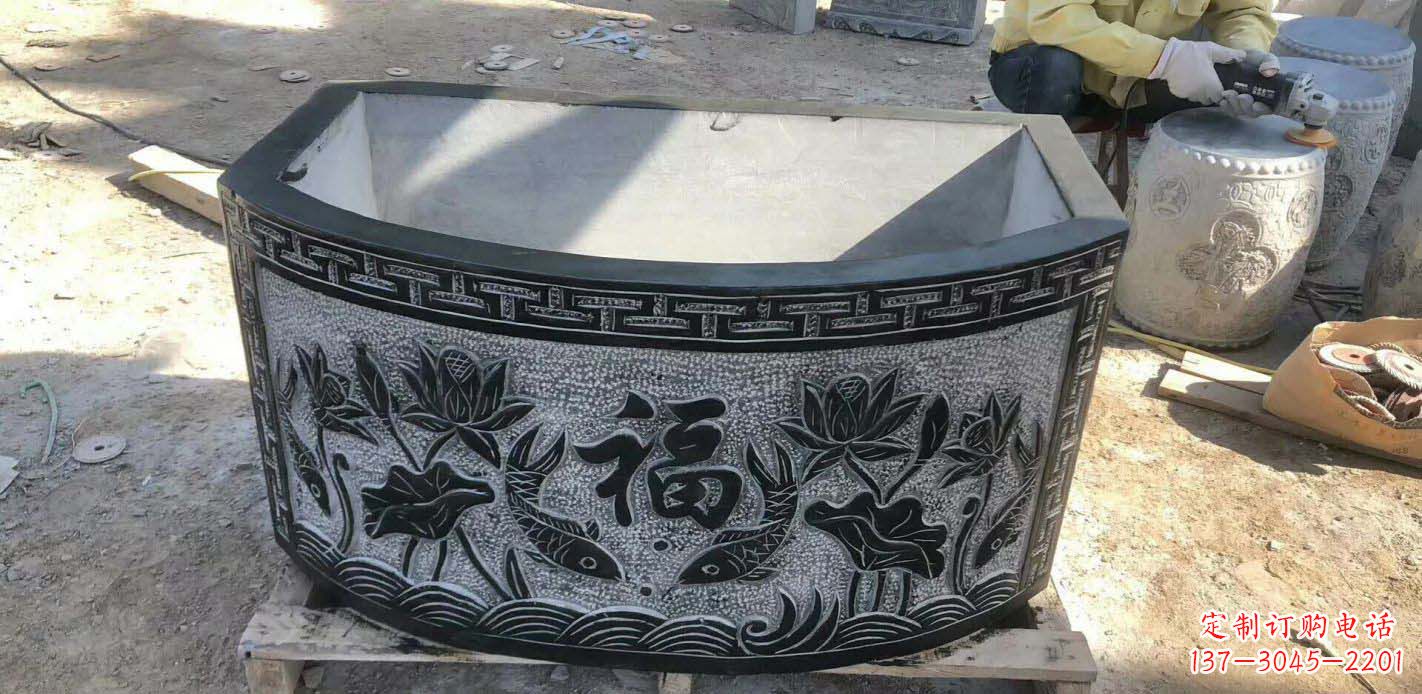 河源精致方口石浮雕水缸雕塑