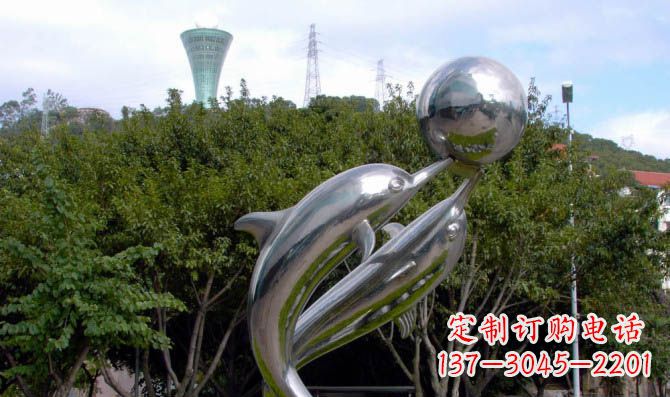 河源高贵静谧的不锈钢海豚顶球雕塑