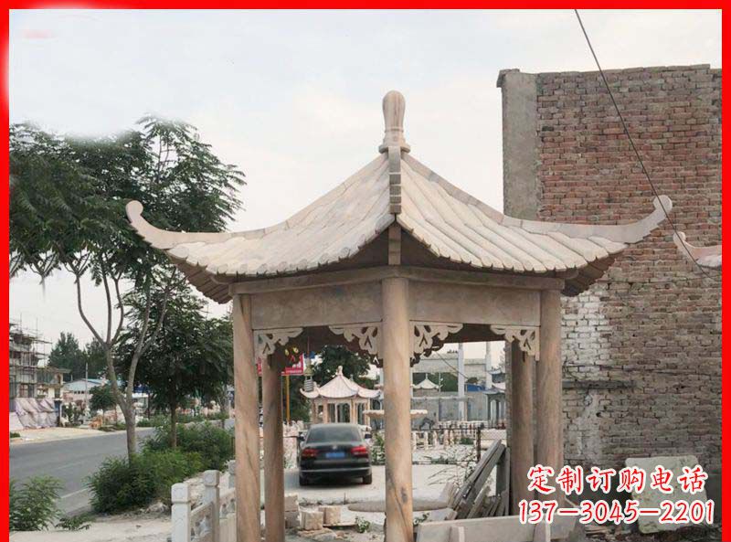 河源公园晚霞红六角石凉亭雕塑
