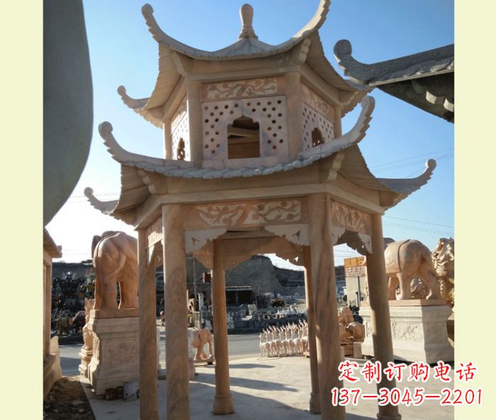 河源公园晚霞红六角双层中式石雕凉亭