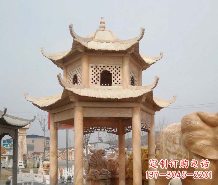 河源公园晚霞红双层六角石雕凉亭 (2)