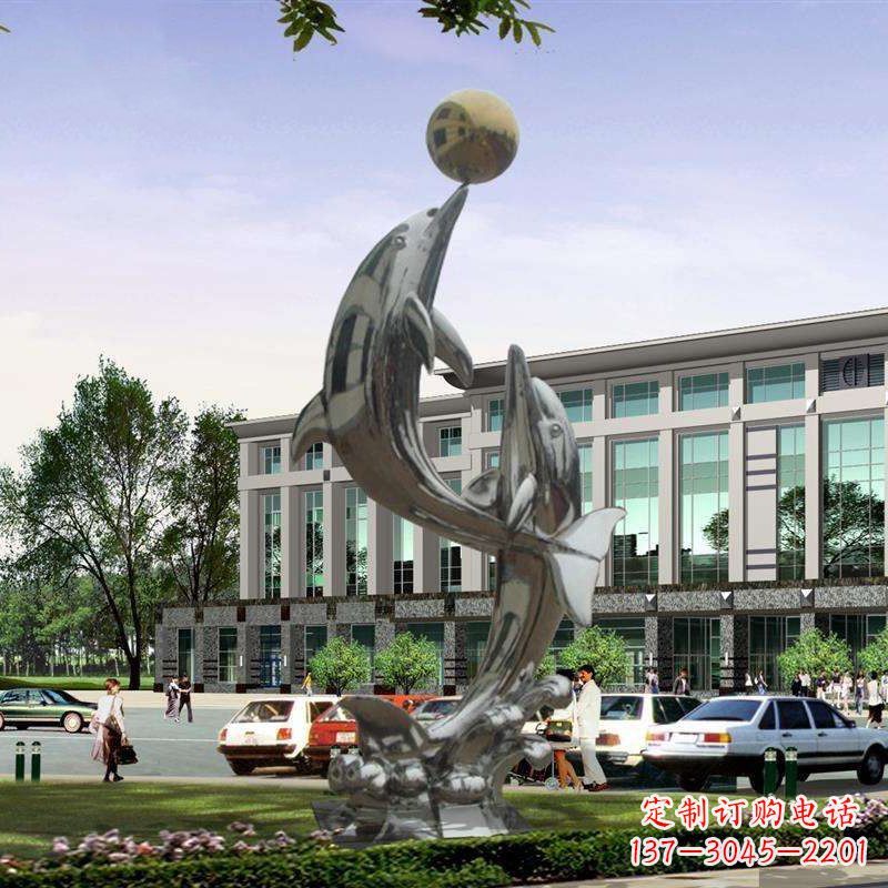 河源不锈钢海豚戏球雕塑,营造清新海岸风情