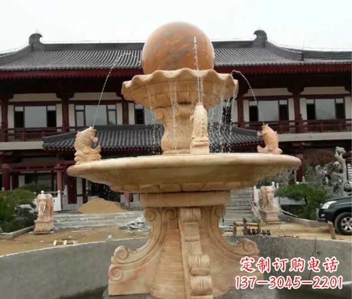 河源双层风水球喷泉晚霞红石雕