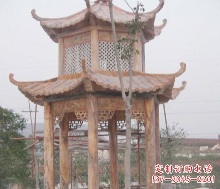 河源双层晚霞红石凉亭石雕 (2)