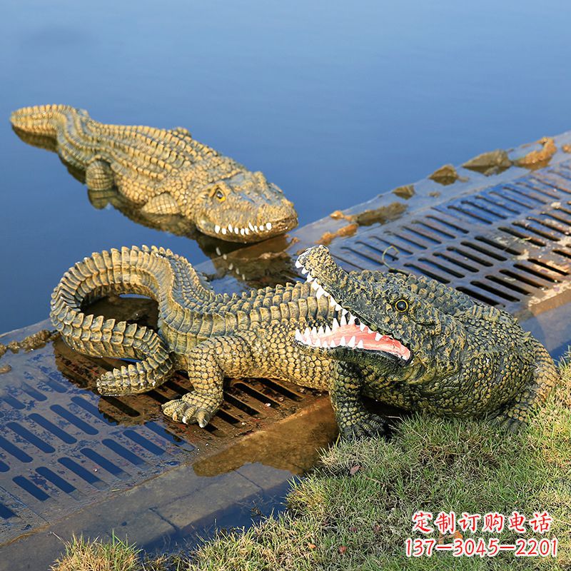 河源水塘动物摆件玻璃钢仿真鳄鱼