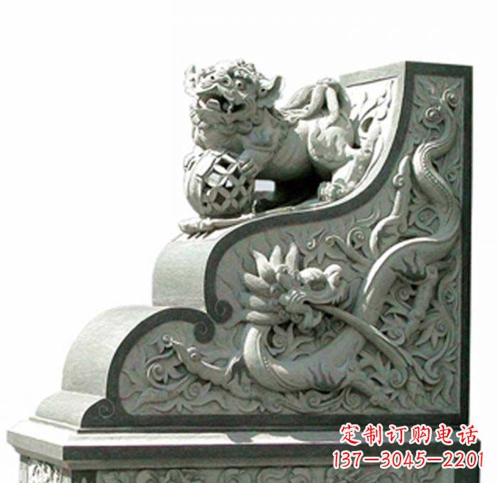河源寺庙景观玩绣球狮子石雕门墩