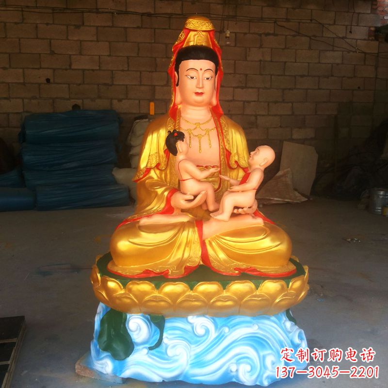 河源送子观音彩绘漆金雕塑