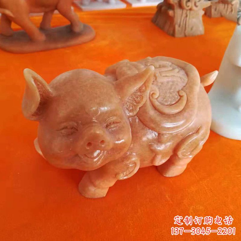 河源晚霞红大理石招财猪雕塑-企业商场创意生肖动物风水摆件