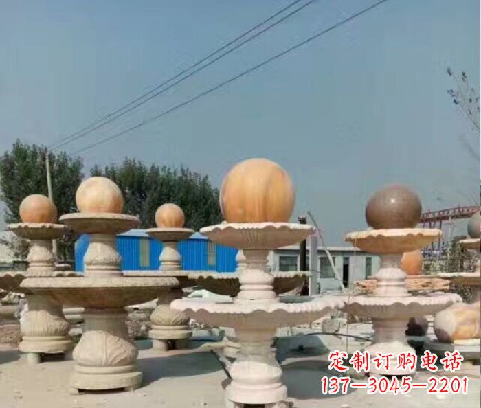 河源晚霞红多层风水球喷泉石雕