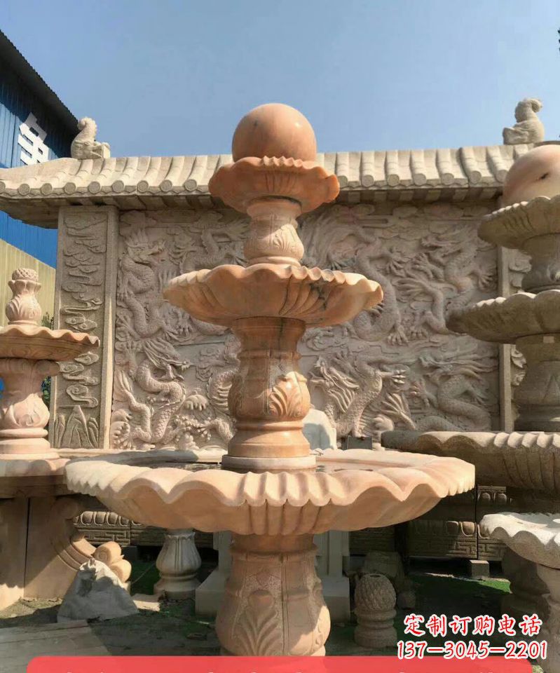 河源晚霞红风水球石雕喷泉 