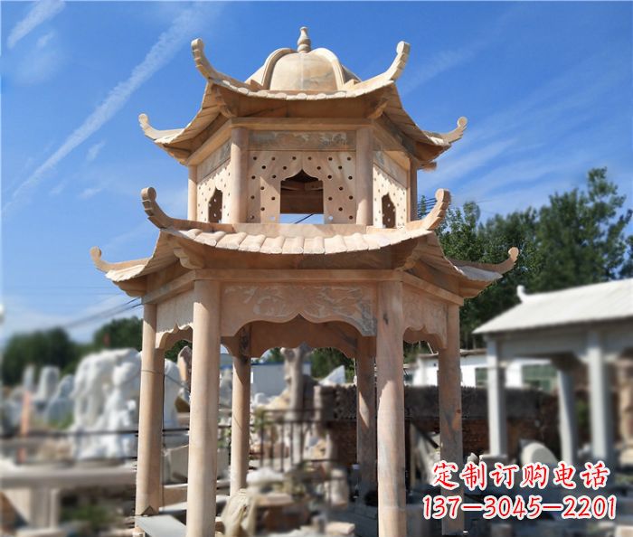 河源晚霞红公园双层六角凉亭石雕