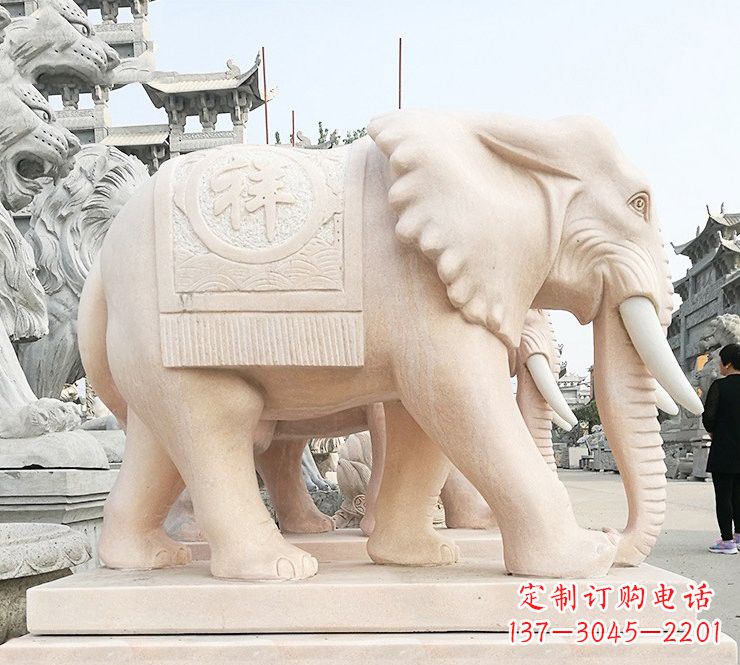河源晚霞红吉祥如意大象石雕