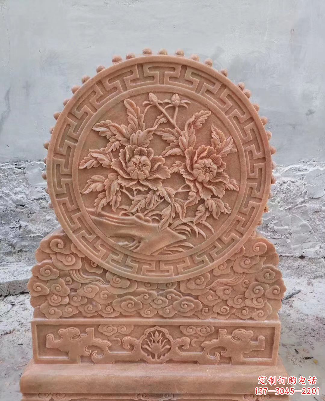 河源晚霞红牡丹花浮雕石门墩