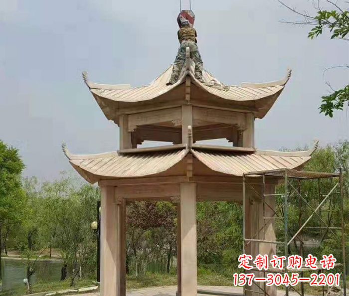 河源晚霞红双层凉亭石雕 (2)