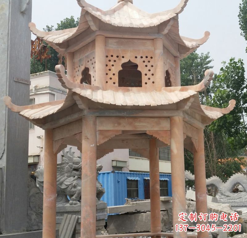 河源晚霞红双层六角凉亭石雕 (2)