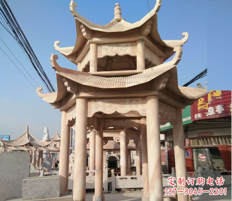 河源晚霞红双层六角凉亭石雕 (3)