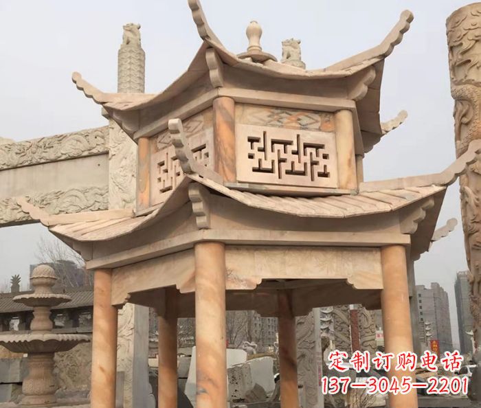 河源晚霞红双层石雕凉亭
