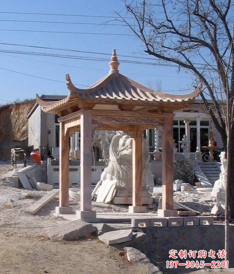 河源晚霞红四角凉亭景观石雕