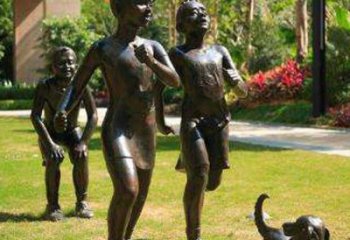 河源宁夏中领雕塑推出的儿童铜雕跑步遛狗，一款…
