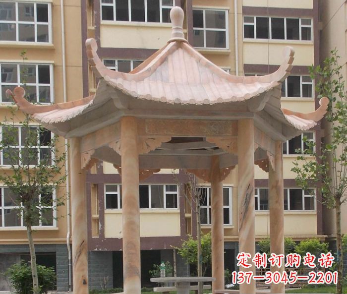 河源小区晚霞红六角凉亭石雕