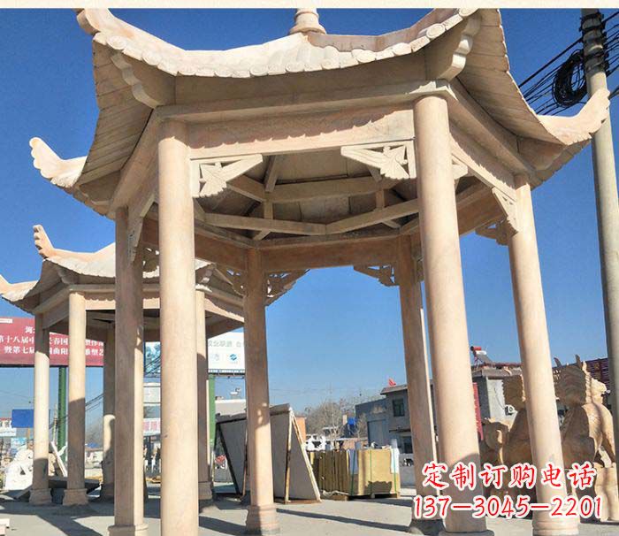 河源园林景观晚霞红六角石雕凉亭 (2)