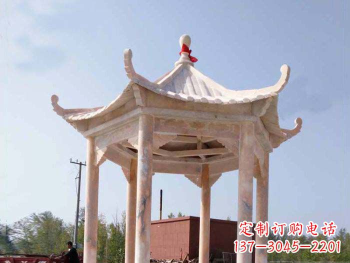 河源园林景观晚霞红六角石雕凉亭