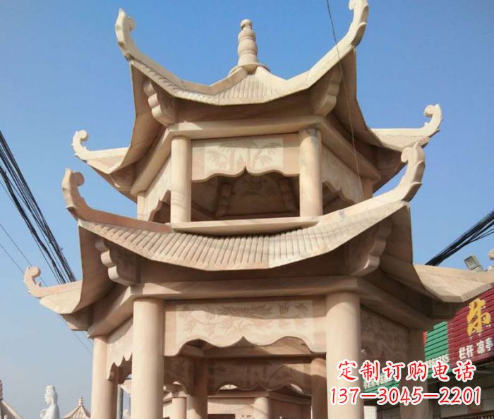 河源园林景观晚霞红双层石雕凉亭 (2)