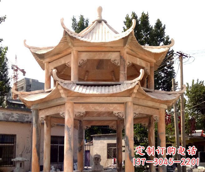 河源园林景观晚霞红双层石雕凉亭