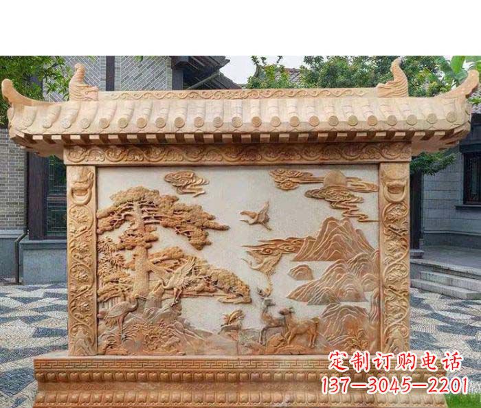 河源园林景观晚霞红松鹤石浮雕影壁