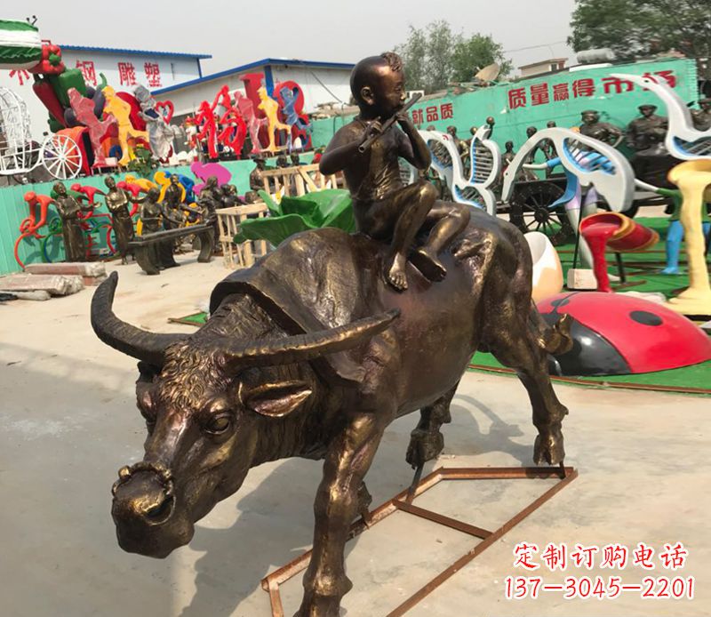河源园林牧童骑牛铜雕塑