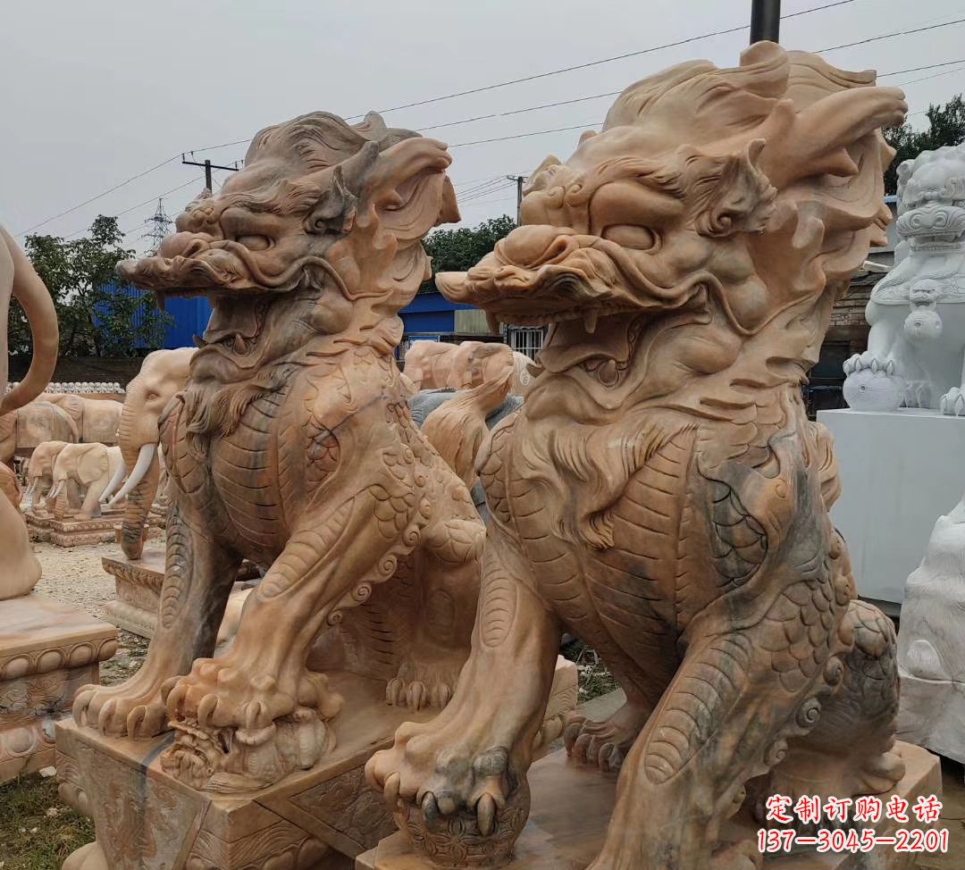 河源园林晚霞红古代招财神兽麒麟石雕