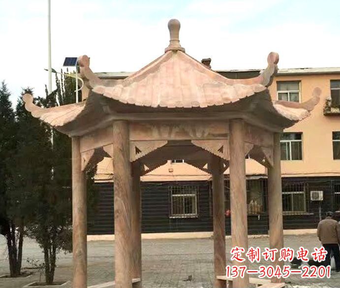 河源园林晚霞红六角石雕凉亭