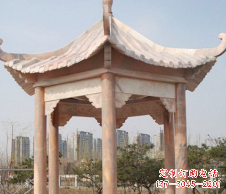 河源园林晚霞红六角石凉亭景观石雕