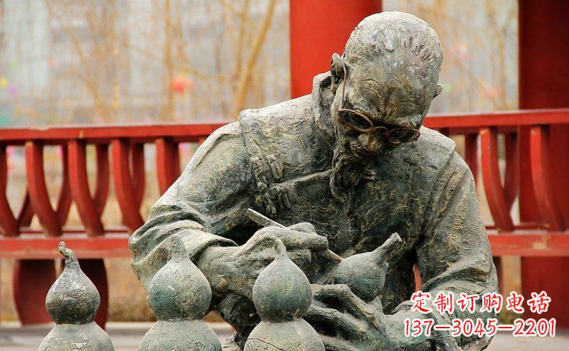 河源园林在葫芦上刻字的老人小品铜雕