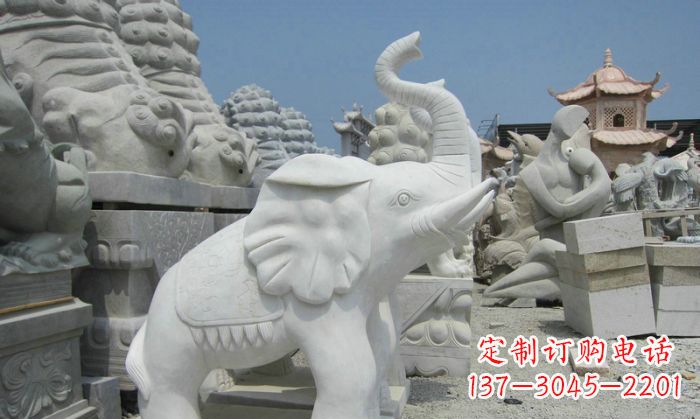河源招财动物汉白玉长鼻小象石雕