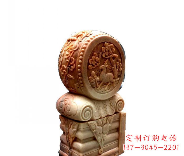 河源招财石门墩晚霞红抱鼓石