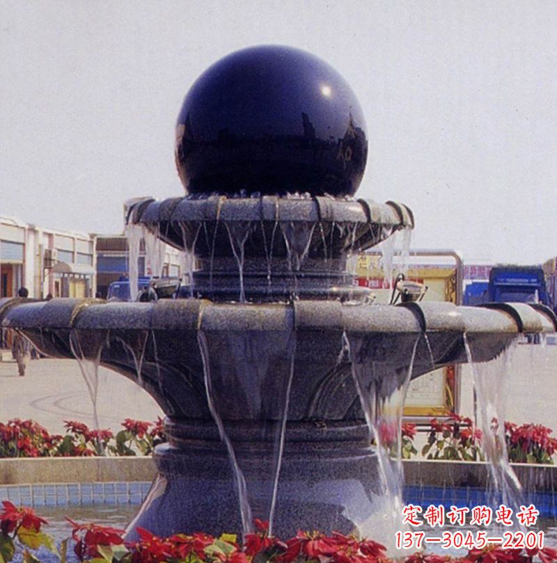河源中国黑双层风水球喷泉石雕