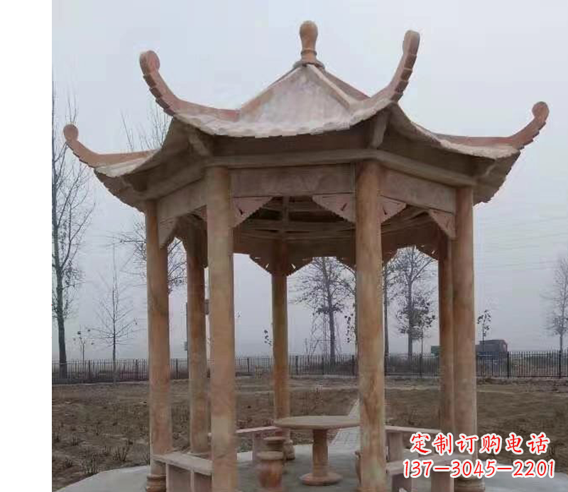 河源公园晚霞红八角石雕凉亭