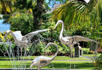 河源仙鹤雕塑-公园池塘不锈钢喷泉中的仙鹤雕塑